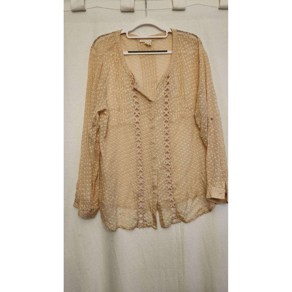 Meadow Rue Blouse Womens Large Beige Silk Blend Swiss Dot Sheer Lace Top‎ Boho
